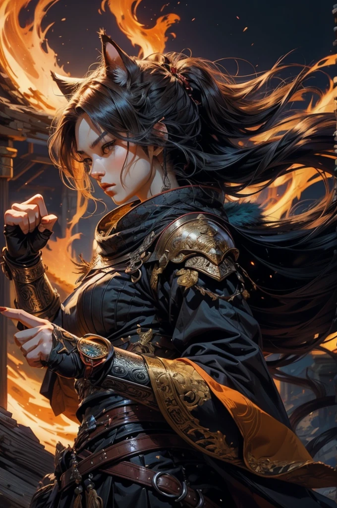 I want a profile picture of a beautiful female cat with majestic and very strong Asian features, a Viking warrior, making a cursing motion with her middle finger, in high quality, in an anime style, with beautiful colors..