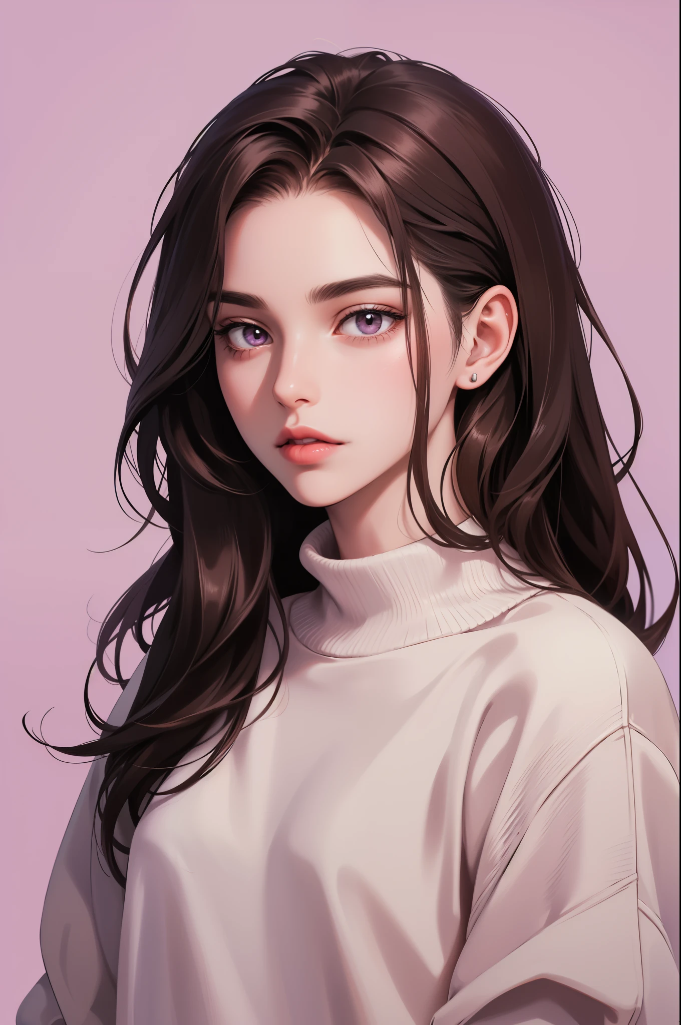 Girl, long brown hair, dark gray eyes, sharp features, white skin, pink lips, beautiful, perfect, sweater, purple background