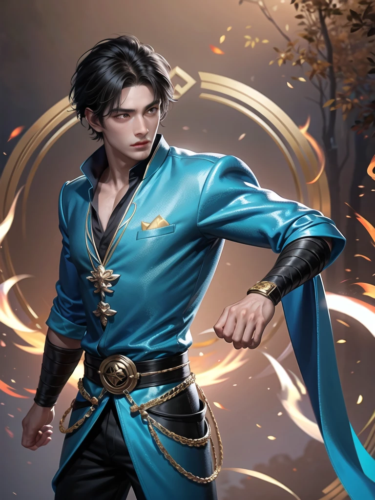 (Martial arts style works),(quality),(height) (1 man) ,1 boy,light black eyes, short dark black hair., alone,(Detailed background of a little child),Handsome and detailed face.,fairy tale,(turquoise),The body is thin and shiny..,There was a blue fire in his hand that was perfectly detailed..,Image of the construction of a magic camp,Show movie subtitles,wear'Didn't see the view.,Not looking at the view.,Amazing light and shadow,Wear beautiful traditional Chinese clothing with perfect details..(No pants),Wear a beautiful long dress..,A website for fine jewelry in style.,moon,blue ring around, floating on water,There's a big one., There was a fine blue ring around it..