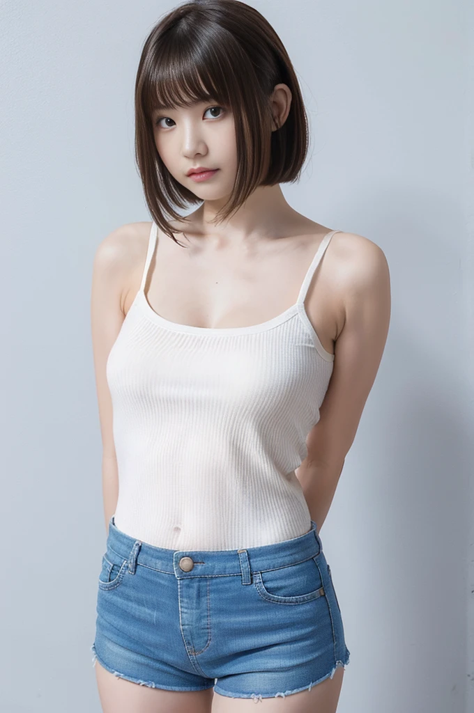 Picture taken from the front, with the left and right sides equally spaced, draw symmetrically, simple background, equally spaced left and right, stand upright, cowboy shot, (arms behind back:1.5), One girl, very short hair, (camisole, shorts)