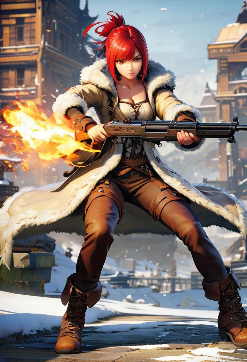 Huntress holding rifle,Snow Fighting Pose,East,Blade and Soul,Ink style,Long red hair,Leather and fur coats,cold,artwork,3d,4K,detailed,Practical