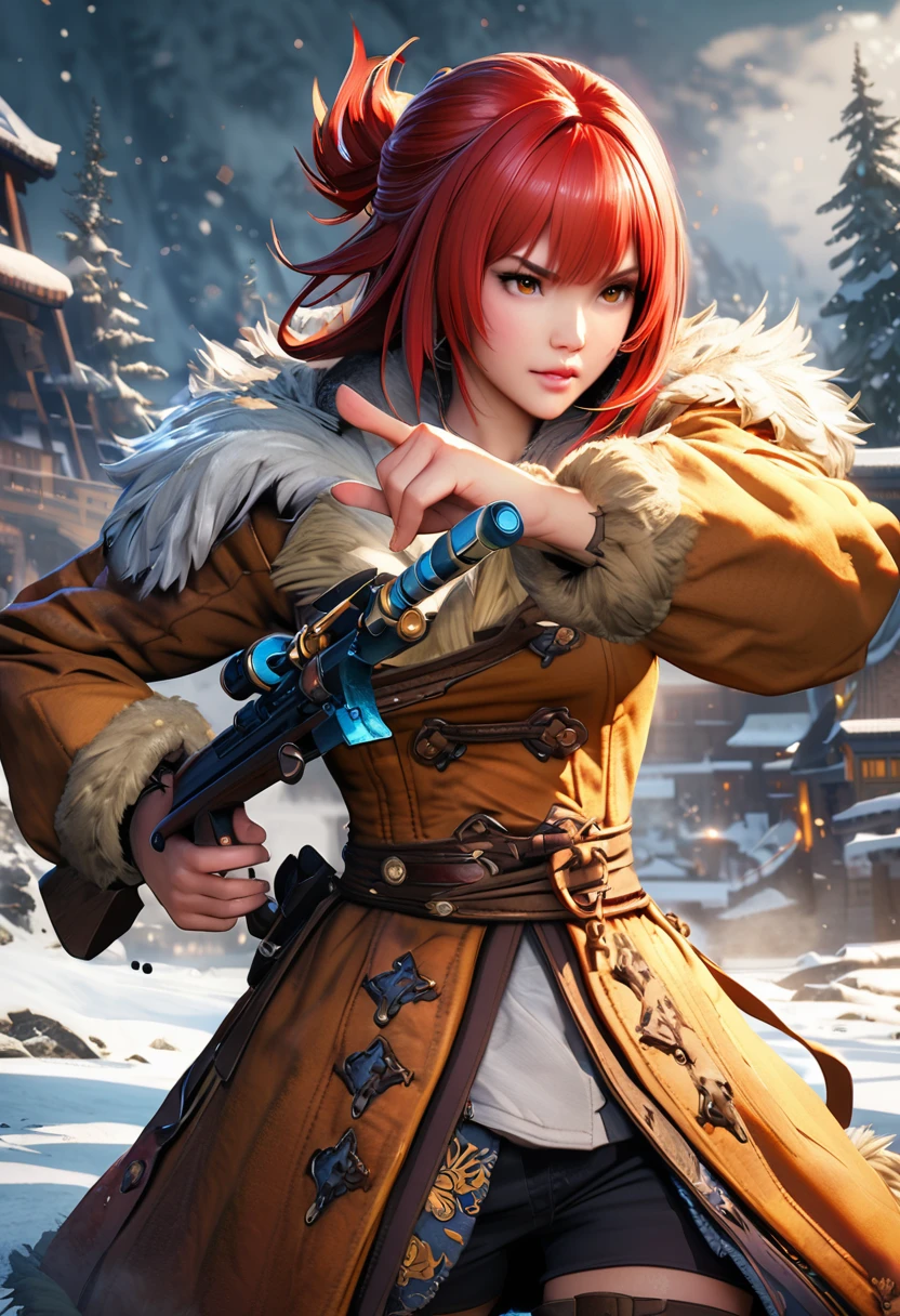 Huntress holding rifle,Snow Fighting Pose,East,Blade and Soul,Ink style,Long red hair,Leather and fur coats,cold,artwork,3d,4K,detailed,Practical