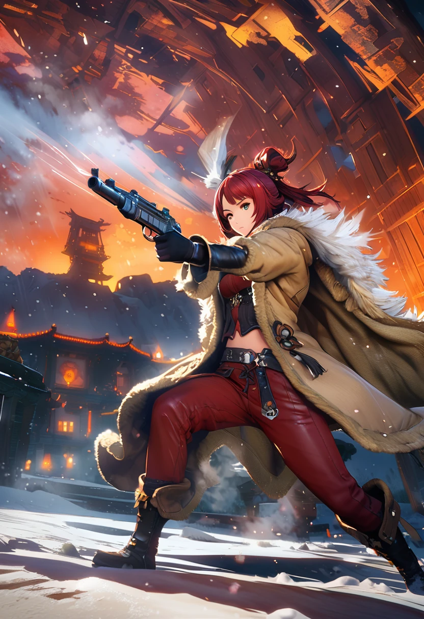 Huntress holding rifle,Snow Fighting Pose,East,Blade and Soul,Ink style,Long red hair,Leather and fur coats,cold,artwork,3d,4K,detailed,Practical