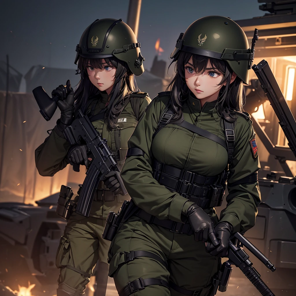 First-person perspective、Several female soldiers wearing black helmets、Olive military uniform 、Black armband、Look at the crotch、Military camp at night、Write details、masterpiece、best quality、Highly detailed CG、8K picture quality
