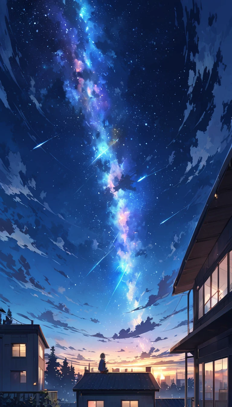 anime painting inspired by Makoto Shinkai, space art, sideways gray Norwegian forest cat sitting on the roof of a building looking at the sky, mysterious, fantastic, meteor shower, intricate lights, twinkling city lights,
