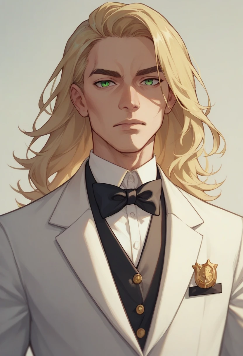 Long blonde hair、Green Eyes、Handsome、prom、Gold Tuxedo