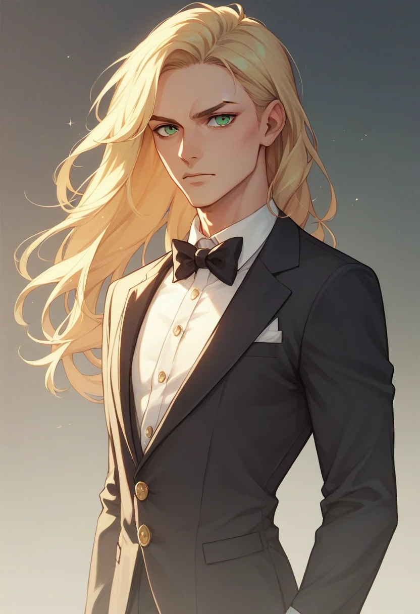 Long blonde hair、Green Eyes、Handsome、prom、Gold Tuxedo