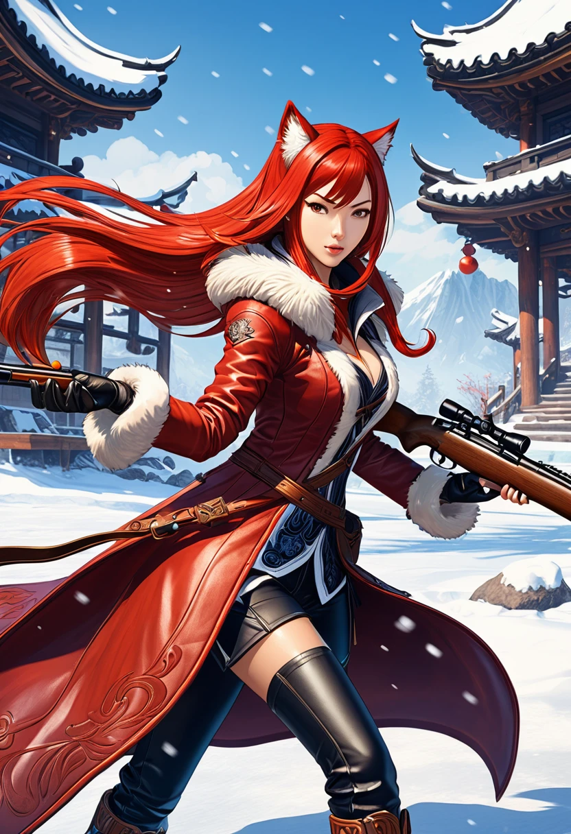 Huntress holding rifle,Snow Fighting Pose,East,Blade and Soul,Ink style,Long red hair,Leather and fur coats,cold,artwork,3d,4K,detailed,Practical