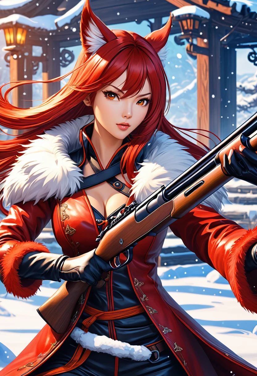 Huntress holding rifle,Snow Fighting Pose,East,Blade and Soul,Ink style,Long red hair,Leather and fur coats,cold,artwork,3d,4K,detailed,Practical