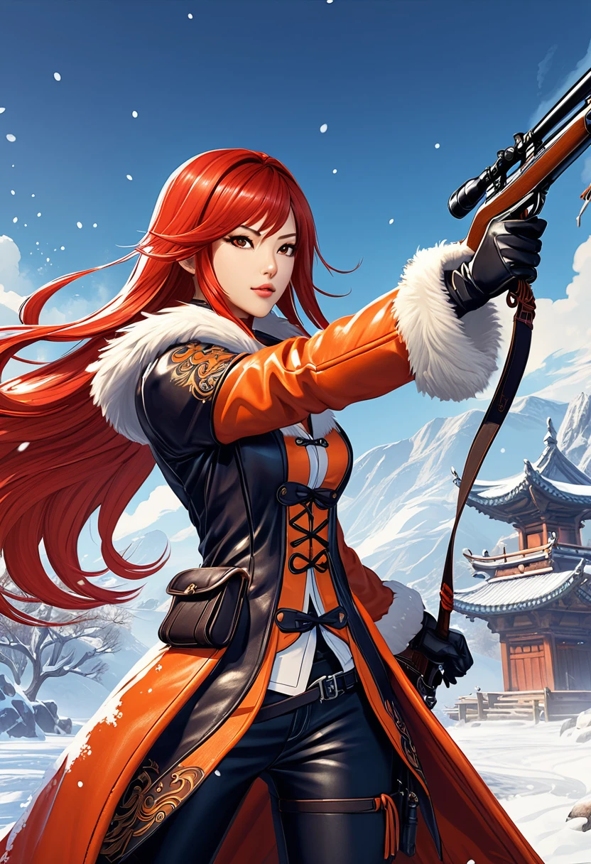 Huntress holding rifle,Snow Fighting Pose,East,Blade and Soul,Ink style,Long red hair,Leather and fur coats,cold,artwork,3d,4K,detailed,Practical