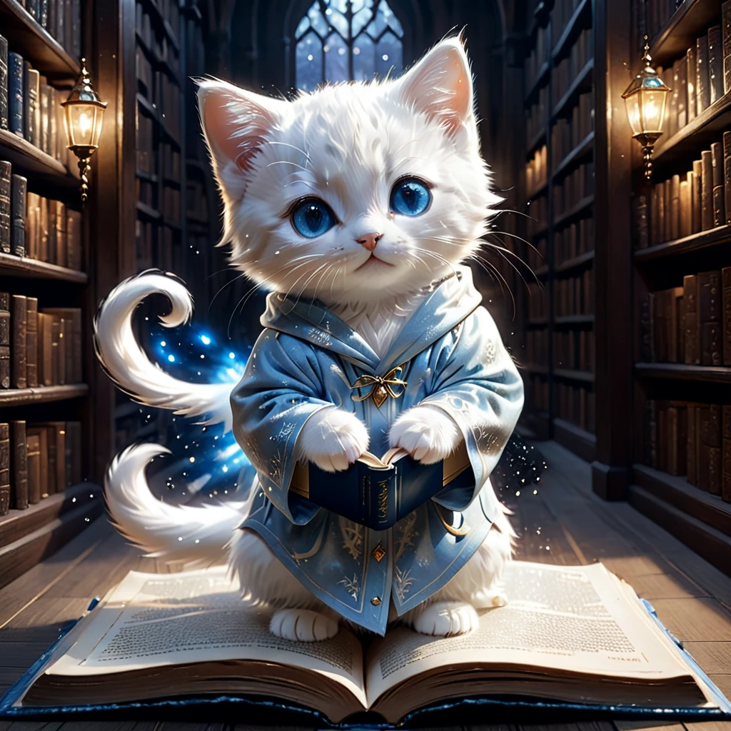 C4tt4stic, Medieval Europe, surrounded by countless particles of light, each one shining brightly, illustration of a small, cute creature, wearing a luxurious robe, full body, from behind, standing, costume, reading a book in a library, fantasy art, exquisite details, Jean-Baptiste Monge style, Alan Lee style, anthropomorphic blue-eyed white furry kitten, cinematic scene, dramatic shot angles, atmospheric grain, realistic, raw cinematic photorealism, action portrait, 8k, detailed, full frame