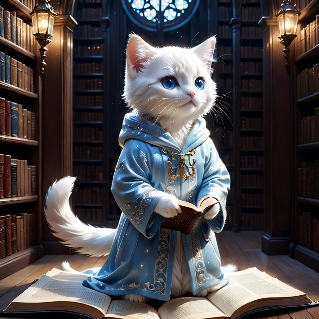 C4tt4stic, Medieval Europe, surrounded by countless particles of light, each one shining brightly, illustration of a small, cute creature, wearing a luxurious robe, full body, from behind, standing, costume, reading a book in a library, fantasy art, exquisite details, Jean-Baptiste Monge style, Alan Lee style, anthropomorphic blue-eyed white furry kitten, cinematic scene, dramatic shot angles, atmospheric grain, realistic, raw cinematic photorealism, action portrait, 8k, detailed, full frame
