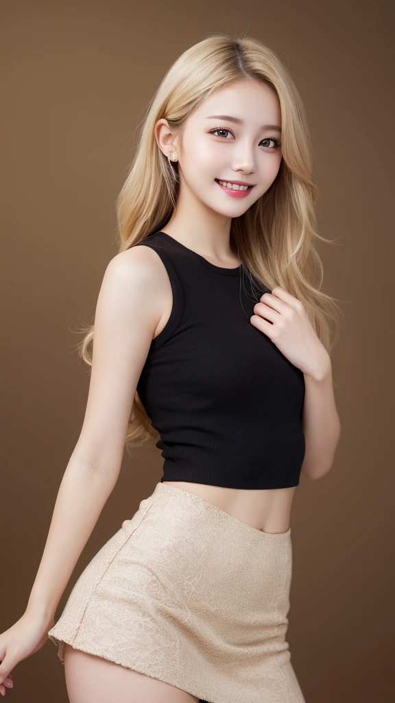 Highest quality, shape, Very detailed, finely, High resolution, 8k wallpaper, mini skirt,whole body ,Beautiful and beautiful eyes,one piece, Blonde,Sexy look,Natural color lip, Random sexy poses,smile,Beautiful teeth,20-year-old girl,Random background