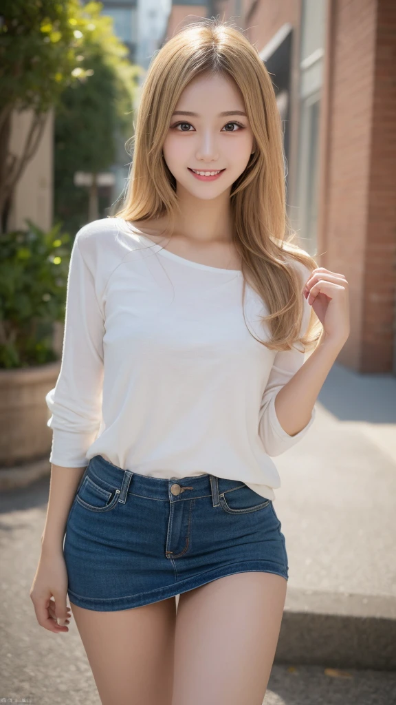 Highest quality, shape, Very detailed, finely, High resolution, 8k wallpaper, mini skirt,whole body ,Beautiful and beautiful eyes,one piece, Blonde,Sexy look,Natural color lip, Random sexy poses,smile,Beautiful teeth,20-year-old girl,Random background