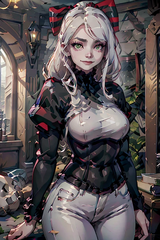 A young white haired woman with green eyes and an hourglass figure in a leather jacket and jeans is laying in a pile of skulls with a big smile
