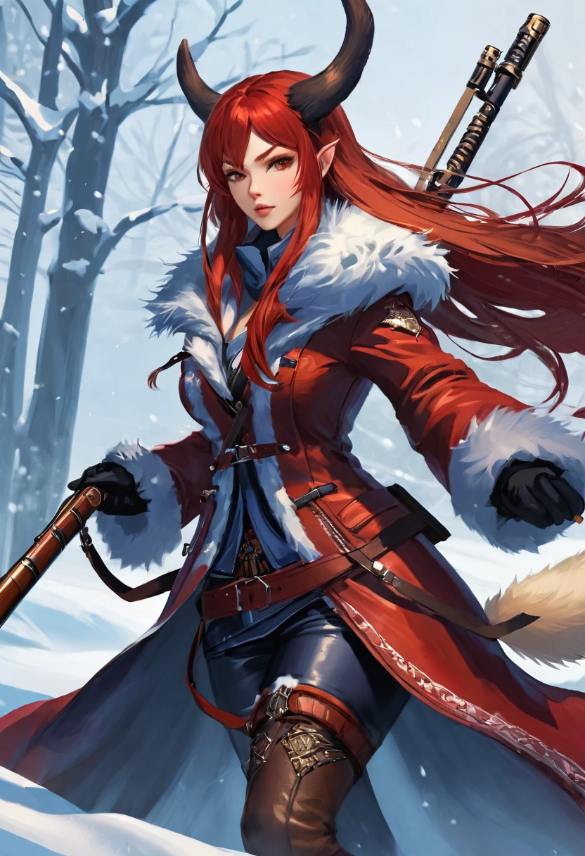 Huntress holding rifle,Snow Fighting Pose,East,Blade and Soul,Ink style,Long red hair,Leather and fur coats,cold,artwork,3d,4K,detailed,Practical