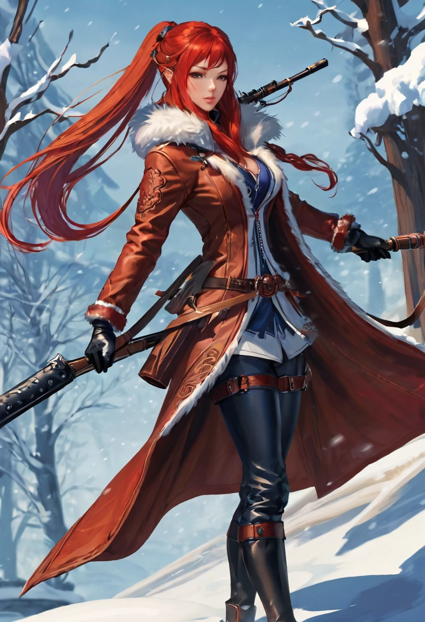 Huntress holding rifle,Snow Fighting Pose,East,Blade and Soul,Ink style,Long red hair,Leather and fur coats,cold,artwork,3d,4K,detailed,Practical