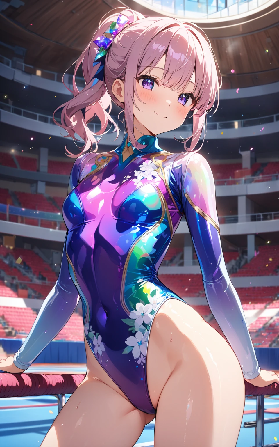 highquality illustration, masterpiece, very delicate and beautiful, attractive girl,(gymnastics leotard, Floral patterns leotard,long sleeve leotard with glittery decoration,high_leg leotard,athletic leotard,tight-fit leotard,iridescent gradient leotard),thin,slender body,slim,high school,gymnasium background,gymnastics club,gymnastics athlete,princess, beautiful eyes,light smile,(masterpiece, best quality:1.2), highres, extremely detailed CG unity 8k wallpaper, perfect lighting, Colourful, ultra-high res,4K,ultra-detailed, photography, 8K, HDR, 17 ages, 