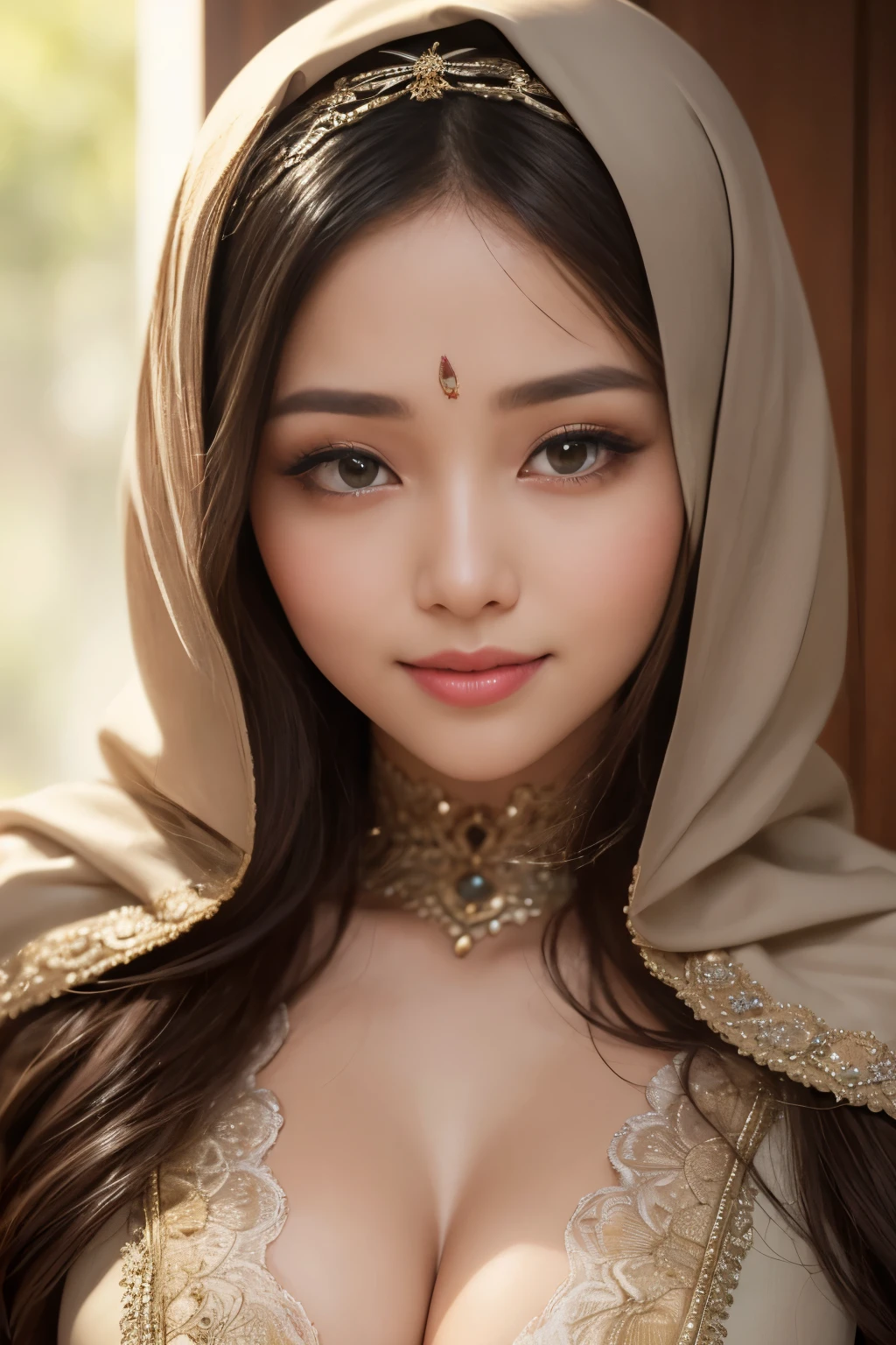 bottomless, Flashy, cleavage, hijabi, Absurd, ultra-detailed, high quality, masterpiece, detailed face, beautiful eyes(detailed eyes), javanese, gentle and graceful, face exudes warmth and kindness, eyes described as soft and comforting, gentle and steady gaze, overall appearance is simple and modest, The fabric of her garments is usually depicted as soft and earth-toned, beauty lies not in extravagant adornments, Her smile is serene and welcoming