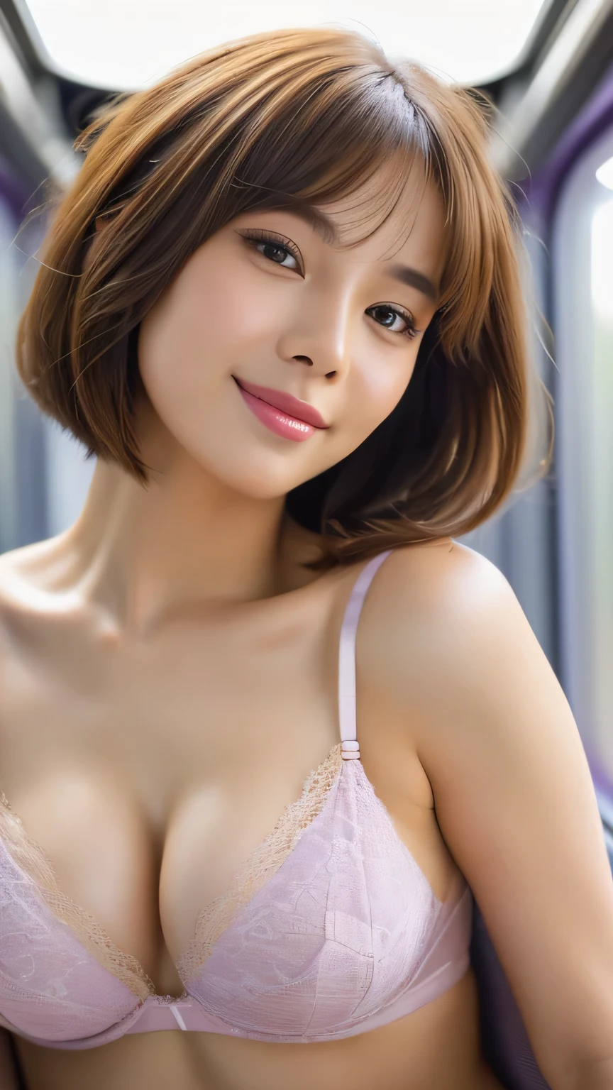 ((Mastepiece,Photorealistic)), (((8K,Best Quality: 1.5))), ((Super Detail: 1.5)) , Cute Woman,Beautiful woman,Japanese,5,((inside the train)),Ultra-detailed faciaures, smile, Detailed Texture, Natural Skin Shader, photograph,Full Body,Ultra-high resolution,Beautiful Japanese women,(((lilac good,best quality))),Realistic eyes,Brown eyes,Realistic Skin,Golden Ratio,((Brown Hair,Bob Hair:1.3,1girl)),Floral lace panties,Lilerie,Glowing, firm and radiant skin,(((Sexy lips)))
