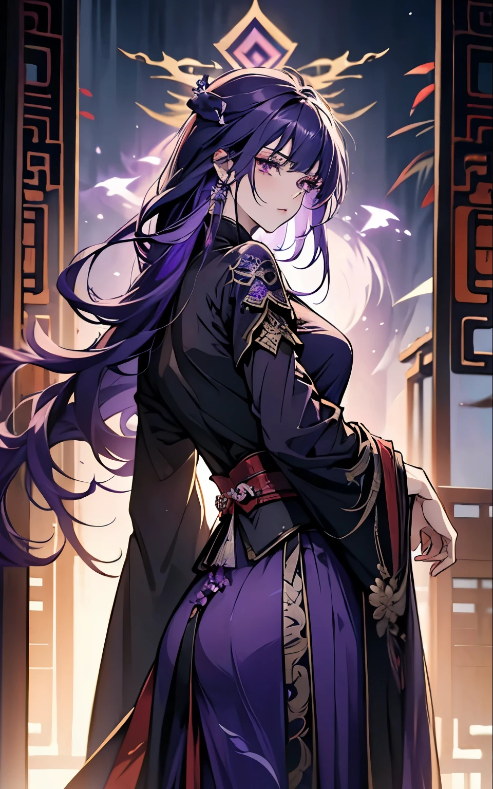 Raiden Shogin - genshin impact, long purple hair, violet eyes, violet chinese clothes, ultra long skirt, chinese room, portrait