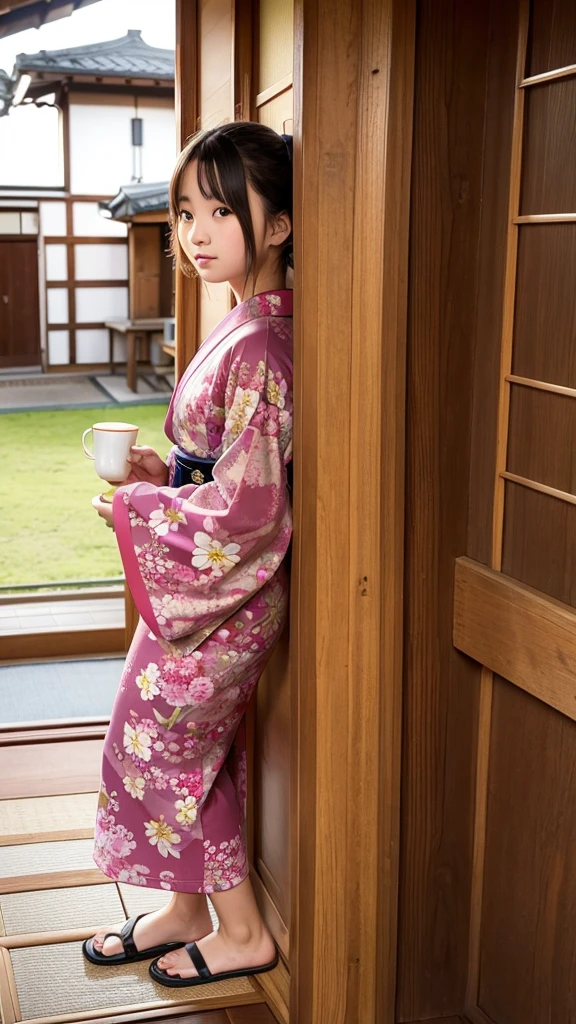 girl dressed in kimono having tea in front of door of old Japanese house