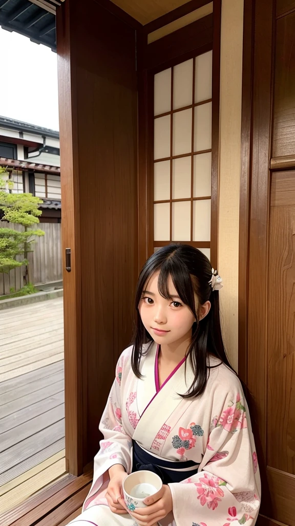 Teenage girl dressed in kimono having tea in front of door of old Japanese house