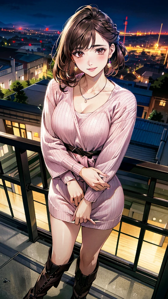 (masterpiece:1.3, Highest quality, Ultra-high resolution, Super detailed), (Realistic, photoRealistic:1.4), Beautiful illustrations, Perfect lighting, colorful, Depth of written boundary, Beautiful detailed hair, Beautifully detailed face, Beautiful fine details, Droopy eyes、Beautiful clavicle, Beautiful body, 美しいLarge Breasts, Beautiful thighs, Beautiful feet, Beautiful fingers, View Viewer、Front view:0.6, Beauty1人, Japanese, Beauty、30 years old, Perfect Face, (Perfect Anatomy, Anatomically correct), Cute and symmetrical face, Baby Face, , Shiny skin, (with thin belt、Pink long sleeve knit A-line dress:1.4) 、(short boots:1.3)、(Dark brown hair, Updo Hair:1.4), braided bangs、Dark brown eyes, Large Breasts, Slim body, necklace, Small earrings:1.1, (Beautiful views), (night), (city, cityscape in the distance), Riverside、 A soft smile、(Smile, Lips parted),