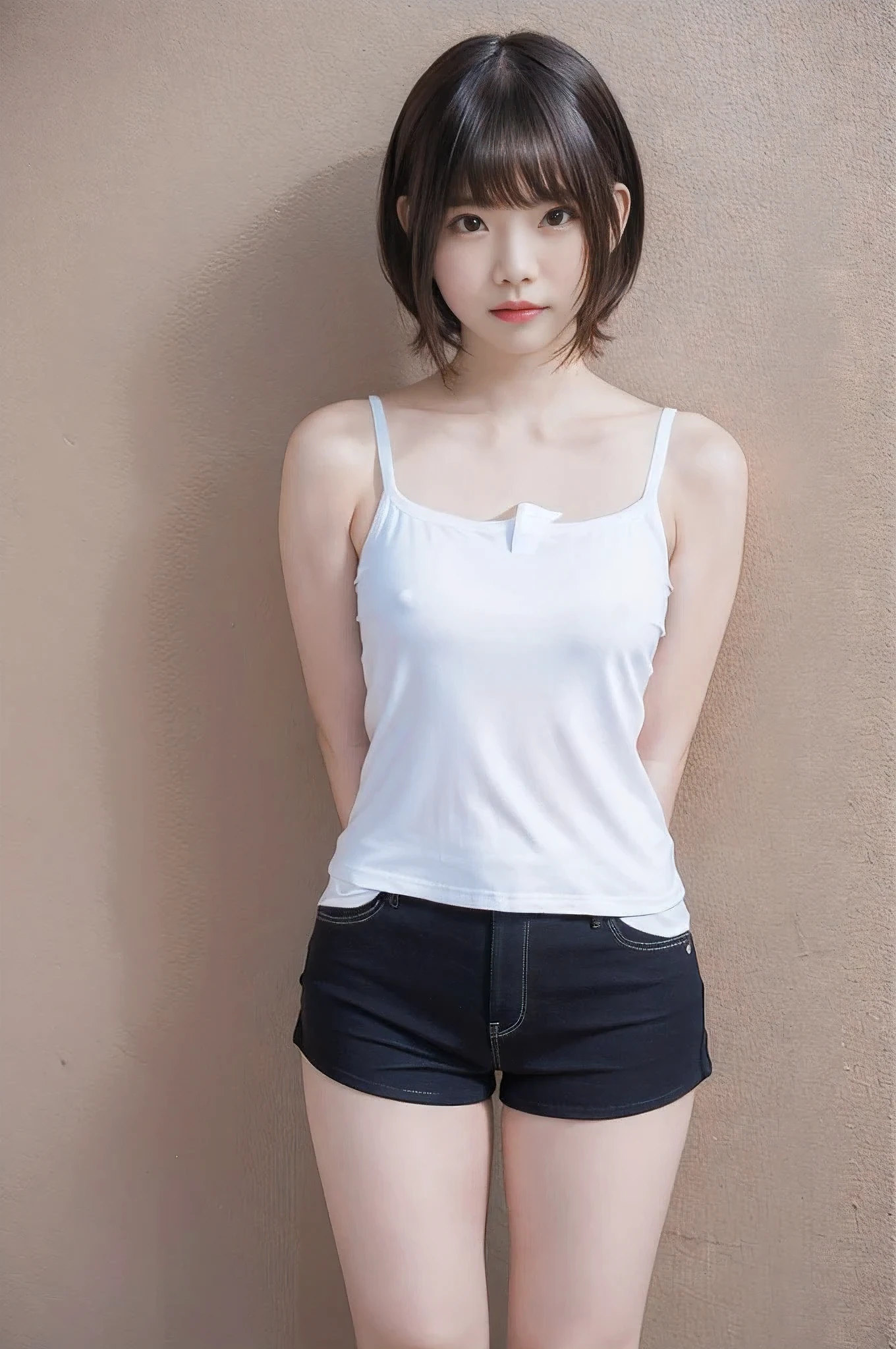 Picture taken from the front, with the left and right sides equally spaced, draw symmetrically, simple background, equally spaced left and right, stand upright, cowboy shot, (arms behind back:1.5), One girl, very short hair, (camisole, shorts)
