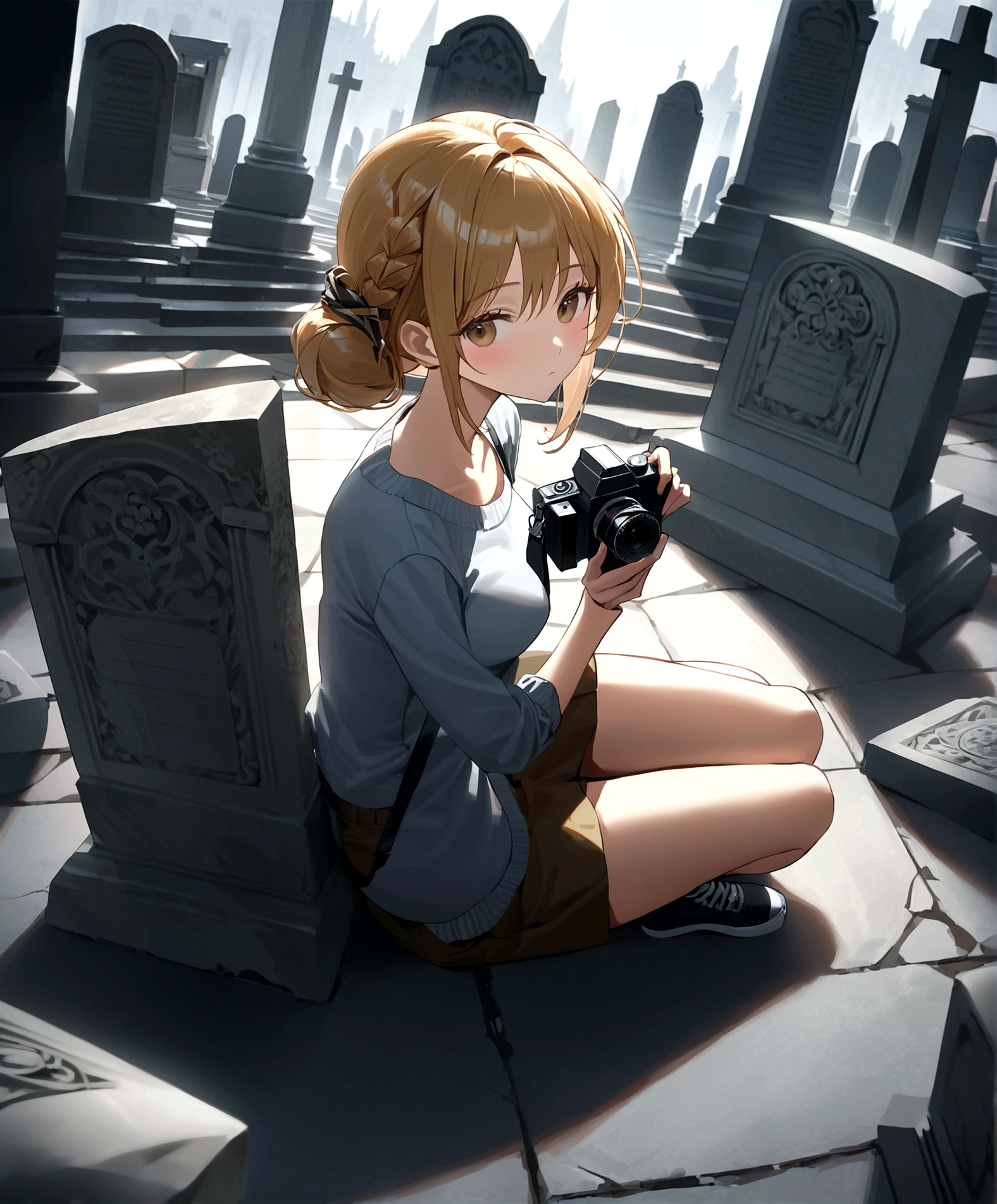 ((Best Quality, 8K, Masterpiece: 1.3)), 1girl, Beauty: 1.3, (Hairstyle Casual,) sitting on a gravestone, upwards camera angle, Super Fine Face, sexy