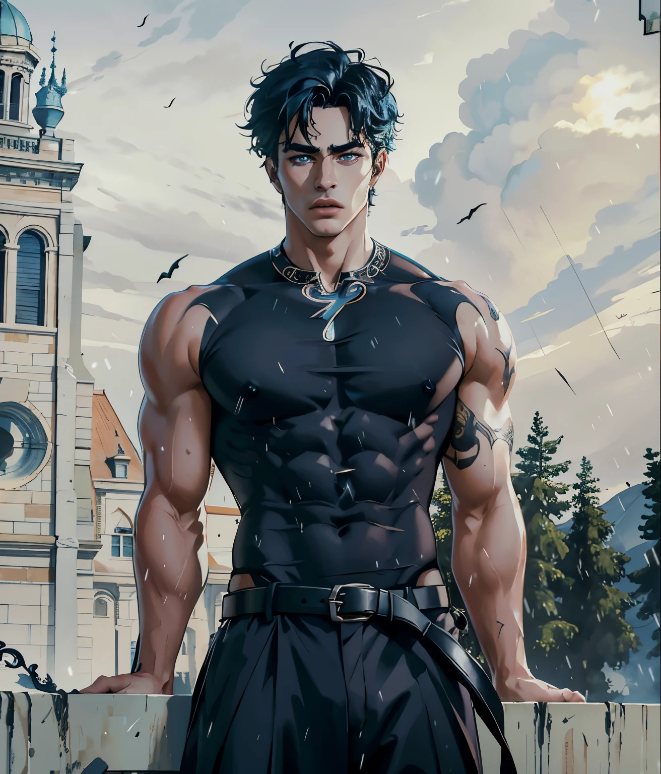 8K, complex, elegant, Highly detailed, majestic, digital photography, surreal painting, defeat magic, Sinuous Lightning, (masterpiece, Side light, fine and beautiful eyes: 1.2), HDR, (bright blue eyes)), Naked upper body, (bright tattoo), handsome boy, cana, musculature, black skin, demon horn, Raining, handsome, in front of camera, masterpiece