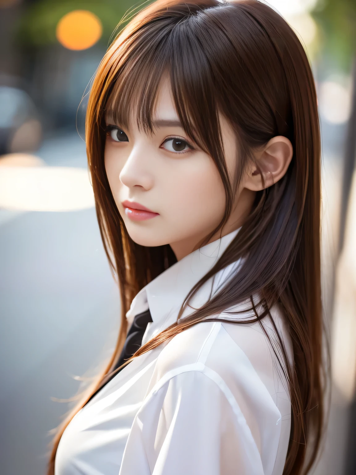 Ultra High Definition, Superior Quality, Premier Quality, ultra detailed, Photorealistic, 8k, RAW Photos, highest quality, masterpiece, Attractive woman, Stunning woman, Sexy, Brown Hair, Shoulder Length Layered, Japanese Model, Sophisticated, Stylish, Formal shirt, Shibuya,
