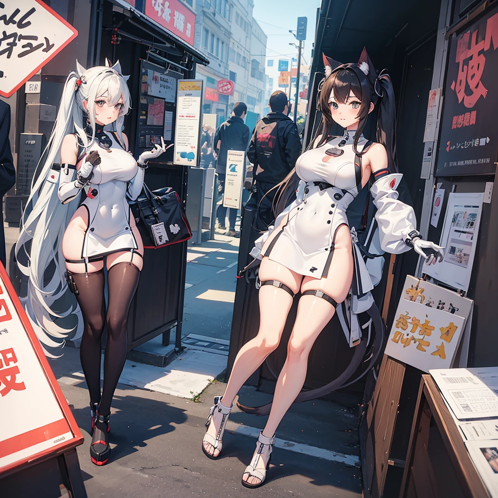 anime girl with a cat tail and a white dress holding a cell phone, oppai cyberpunk, biomechanical oppai, thicc, twintails white_gloves, top rated on pixiv, oppai, kantai collection style, perfect android girl, cute cyborg girl, (sfw) safe for work, , seductive anime girl, 2b