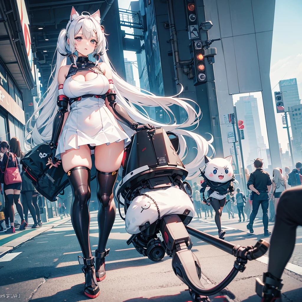 anime girl with a cat tail and a white dress holding a cell phone, oppai cyberpunk, biomechanical oppai, thicc, twintails white_gloves, top rated on pixiv, oppai, kantai collection style, perfect android girl, cute cyborg girl, (sfw) safe for work, , seductive anime girl, 2b