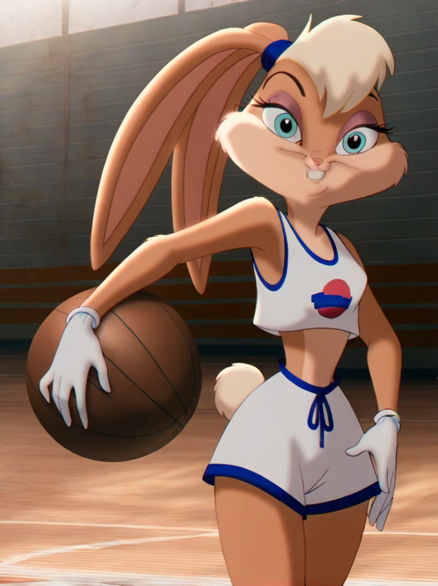 lolabunny, 1girl, solo, furry female, rabbit ears, rabbit girl, animal nose, crop top,white gloves,basketball, holding,  blue eyes, body fur, standing, tail sleeveless,white shorts, buck teeth,cowboy shot,smile,looking at viewer, outdoors, score_9, score_8_up, score_7_up, score_6_up, score_5_up, score_4_up   