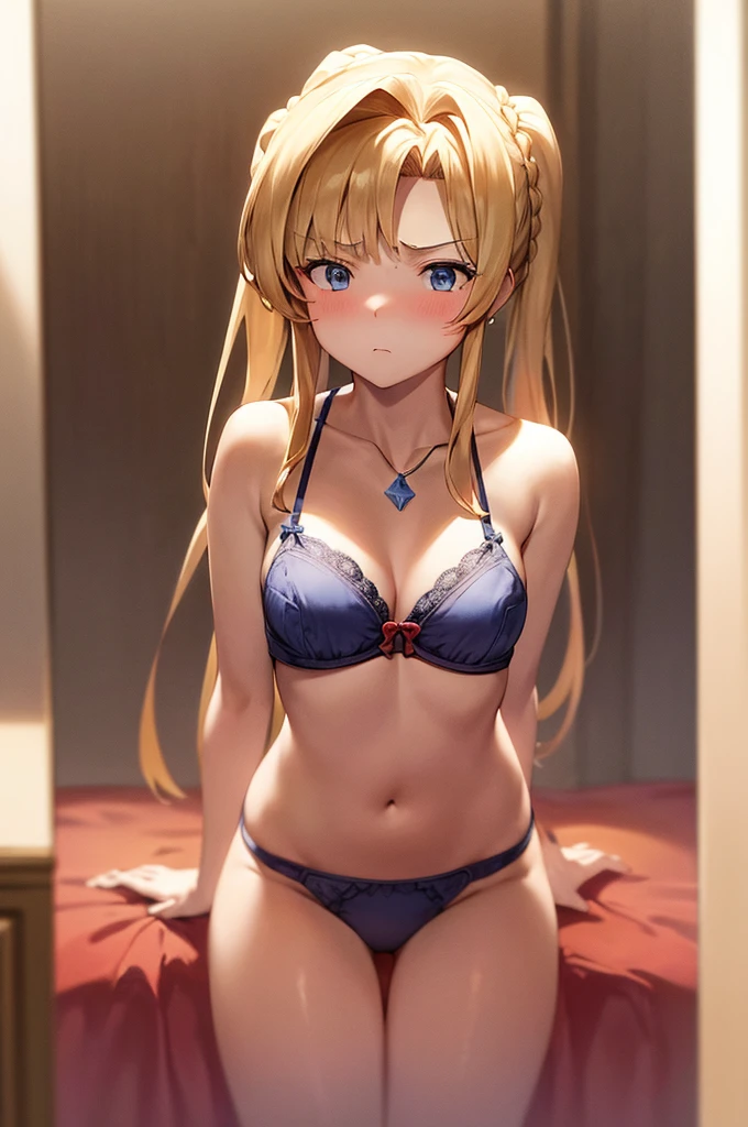 great masterpiece、Super delicate、1girl in、、in one's underwear only、Blue lingerie、a necklace、large full breasts、all-fours、to close range、proximity、Kamimei、Looking up at me、red blush、Embarrassing、Troubled face、Slightly open zeta