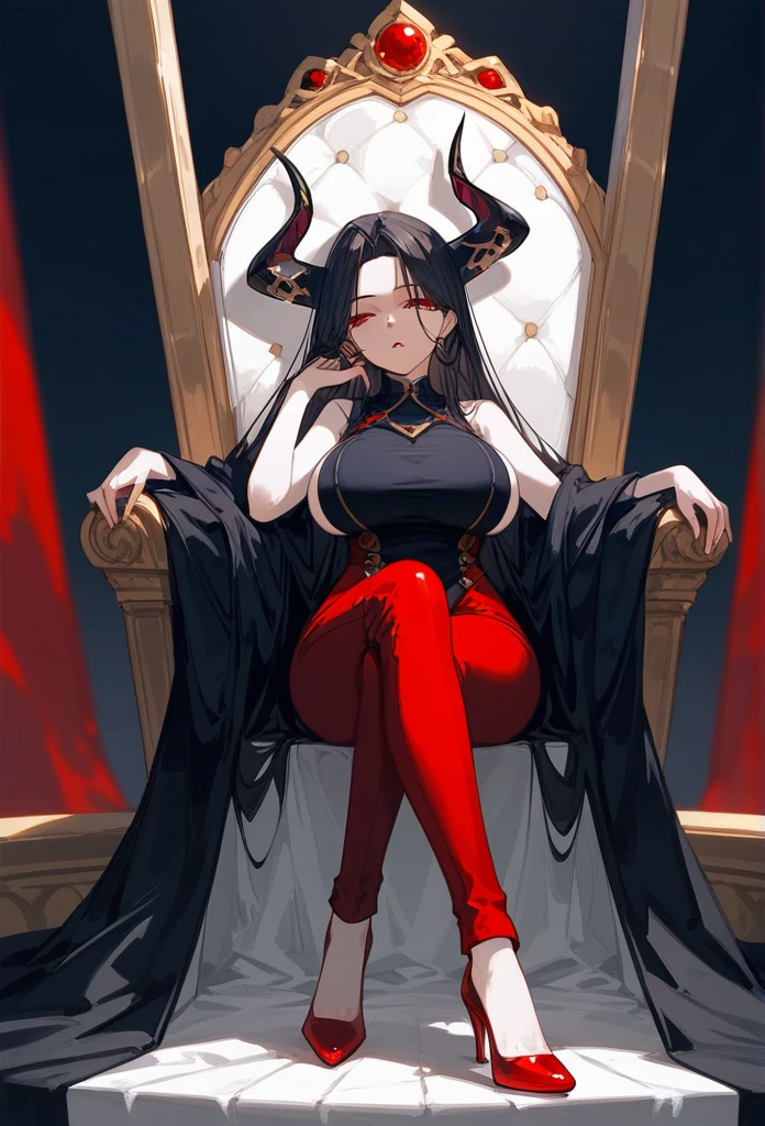 masterpiece, Score_9, Score_8_up, Score_7_up, front view, 1 woman, alone, black hair with red, long hair, parted bangs, dark red eyes, half-closed eyes, parted lips, expressionless, pale skin, large breasts, body suit, black bottom, best quality, horns up, long open bangs, black sleeveless shirt, black V-neck, red baggy pants, high heels, Sitting on a throne.