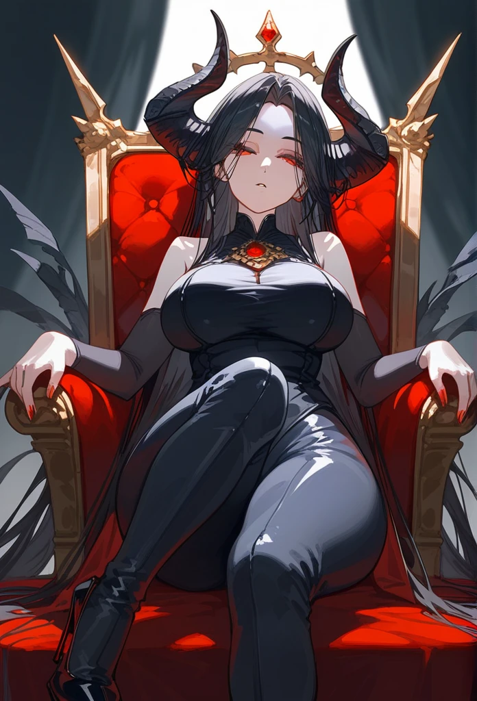 masterpiece, Score_9, Score_8_up, Score_7_up, front view, 1 woman, alone, black hair with red, long hair, parted bangs, dark red eyes, half-closed eyes, parted lips, expressionless, pale skin, large breasts, body suit, black bottom, best quality, horns up, long open bangs, black sleeveless shirt, black V-neck, red baggy pants, high heels, Sitting on a throne.