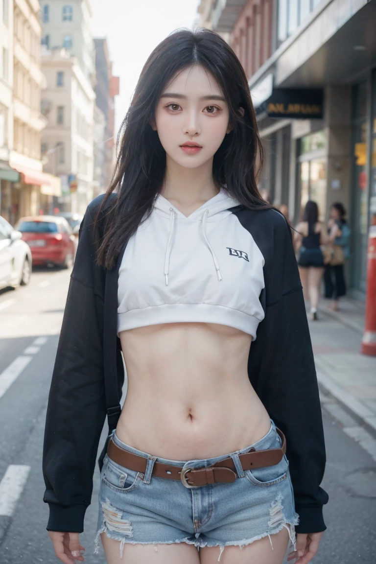 Girl in street scene, Cropped belly-baring hoodie, Exposed lower abdomen,Low-rise shorts, Metal belt,((cowboy shot)),Looking at the camera,Detailed facial features, beautiful eyes, Lips, and long eyelashes, Reality, 8K, Very detailed, Studio Lighting, Dramatic Lighting, Vibrant colors, work, City Streets,The abdomen is open,Showing belly,Sexy abdominal muscles