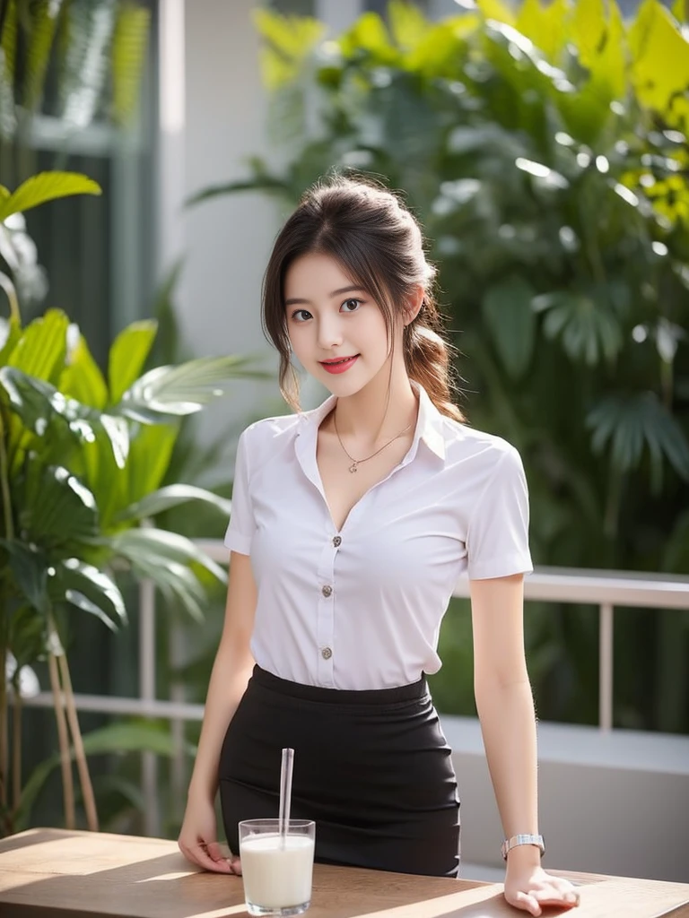 A young woman stands and gives a presentation wearing a sexy academic uniform.,Small milk,Look at me on the table, black skirt, The skirt flipped up.,bare, Open a tight white shirt.,(collar shirt),、(Masterpiece、Highest quality) 、for sharp images、The sun is strong.、Definitely a striking image., very very beautiful、Masterpiece, Highest quality,picture, cute,((23 year old woman:1.2)), realistically,realistic