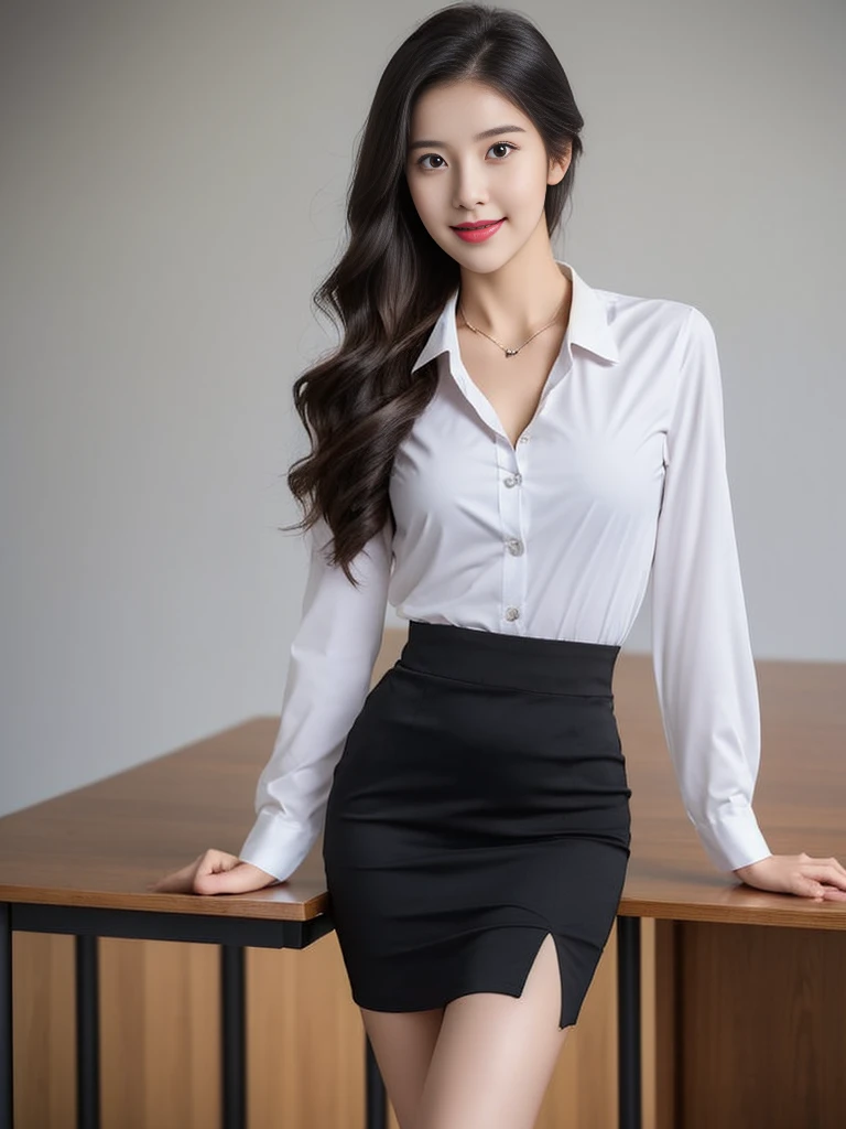 A young woman stands and gives a presentation wearing a sexy academic uniform.,Small milk,Look at me on the table, black skirt, The skirt flipped up.,bare, Open a tight white shirt.,(collar shirt),、(Masterpiece、Highest quality) 、for sharp images、The sun is strong.、Definitely a striking image., very very beautiful、Masterpiece, Highest quality,picture, cute,((23 year old woman:1.2)), realistically,realistic