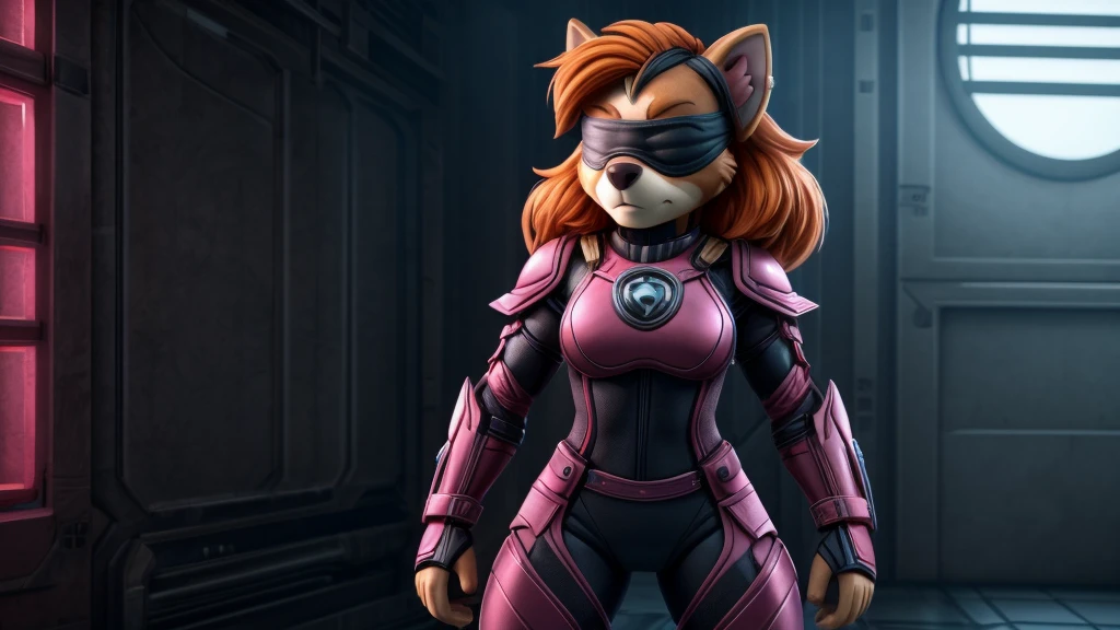 Skye from Paw Patrol, female cockapoo, anthro, adult, orange hair, blindfold, she is blind, dark pink combat armor bodysuit, serious, standing, detailed, solo, beautiful, high quality, 4K