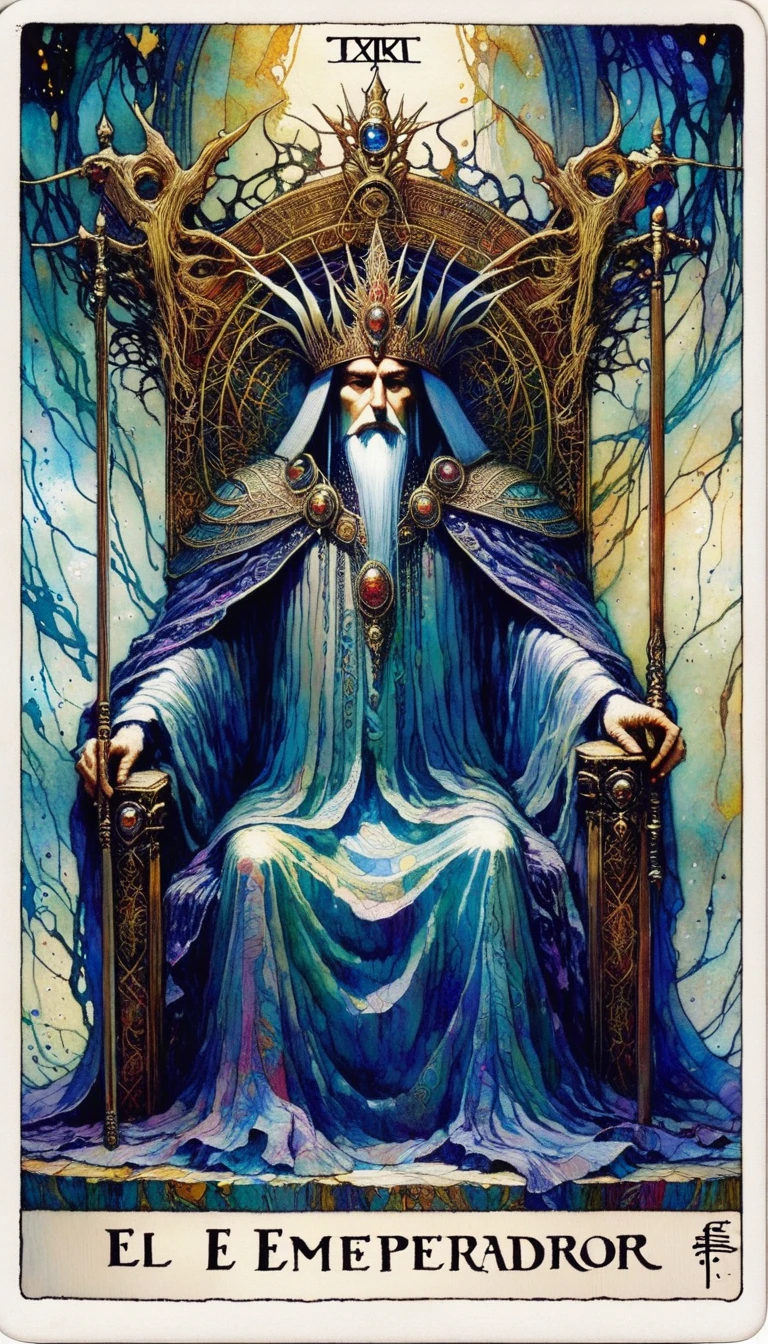 tarot card, the emperor, IN THE TRONE ((text on card: "EL EMPERADOR"))by Brian Froud and Carne Griffiths and Wadim Kashin, intricate details, oil
