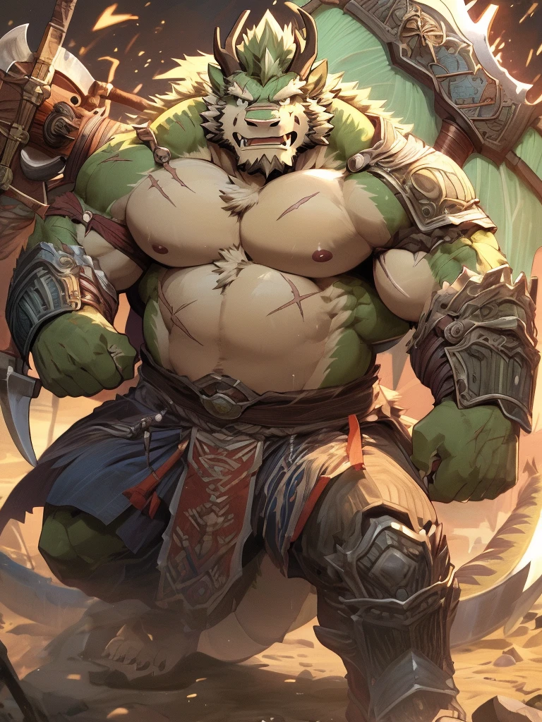 a furry eastern dragon, long whisker, green fur, bare chest, big chest, big build, warrior waist armor, sandal, ((eastern dragon), ((green dragon)), ((waist armor)), furry art, full body, mature, tall, daddy, muscular, rounded face, ((no coat)), ((berserker)), scar body, (scar), bare body, many scars on body, scar face, long beard, very muscular, beefy body, (((bare chest))), (((large pecs))), (((hold a long and big axe))), action pose