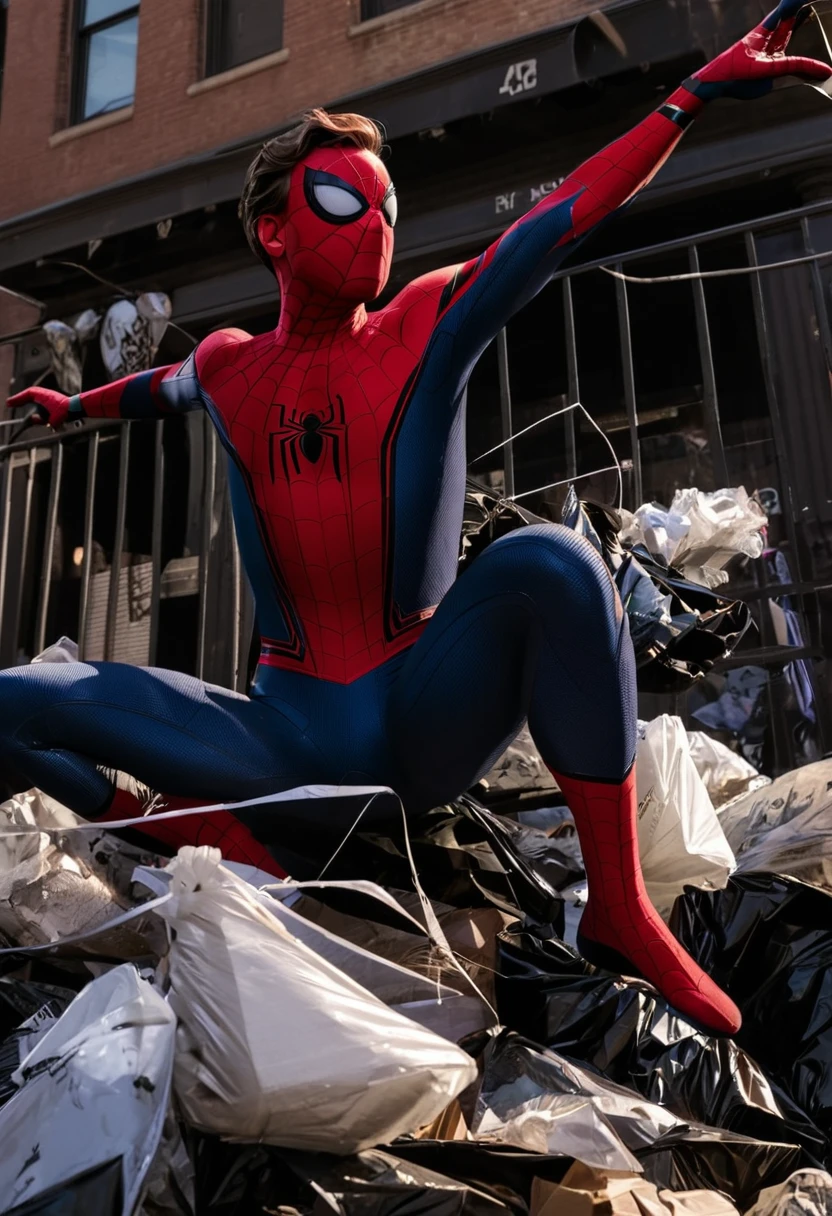 Peter Parker throws his Spider-Man suit into the trash