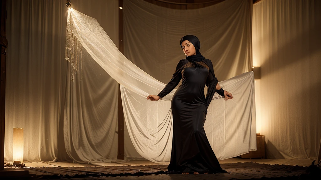 A stunningly alluring sexy hijabic girl, adorned in a floor-length, translucent dress that seems to glow with an ethereal light. Her delicate, supple skin is visible through the sheer fabric, as if she were wearing a second layer of skin. The dress hugs her curvaceous figure in all the right places, emphasizing her hourglass waist and ample breasts, while flowing gracefully down to her ankles, revealing a pair of long, shapely legs. Her long, raven-black hair cascades down her back, framing her olive-toned face, and her dark eyes sparkle with a mischievous glint. She wears a traditional Islamic headscarf, known as a hijab, draped elegantly across her yhead and neck, its ends flowing down her back. The hijab, in contrast to her otherwise revealing attire, adds an air of mystery and sensuality to her appearance. The background of the image is dark and smoky, casting a seductive aura around her, as if she were emerging from a cloud of desire.