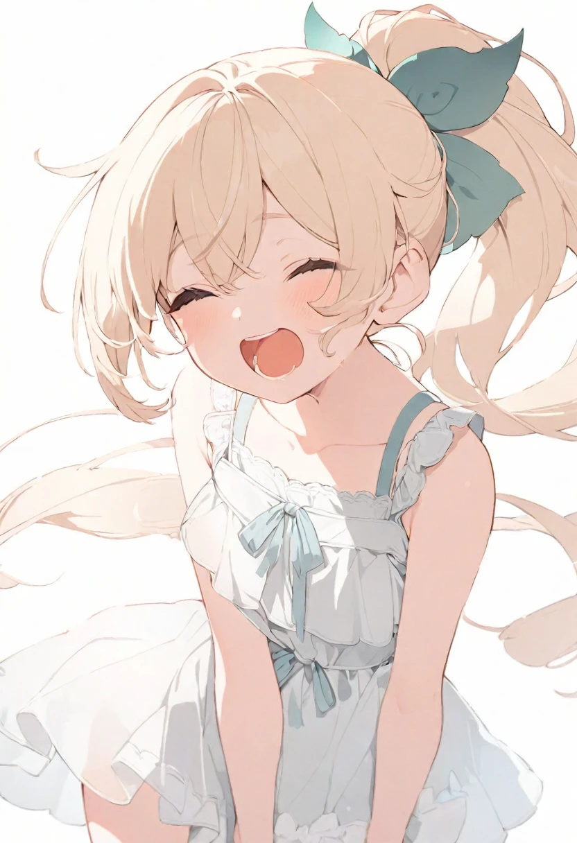 (masterpiece), (best quality), perfect face, beautiful girl, white background background, delicate and beautiful face and eyes, dark intense shadow, 
1 girl, vtuber style, cool girl, hololive, loli, Kazama Iroha, Ponytail, dress, sun dress, sleeveless,  small chest, cropped shoulders, clavicle, laughing, closing eyes, open mouth, body visible through clothes, chest visible through clothes, ass visible through thighs, (full body), looking at viewer, standing, 