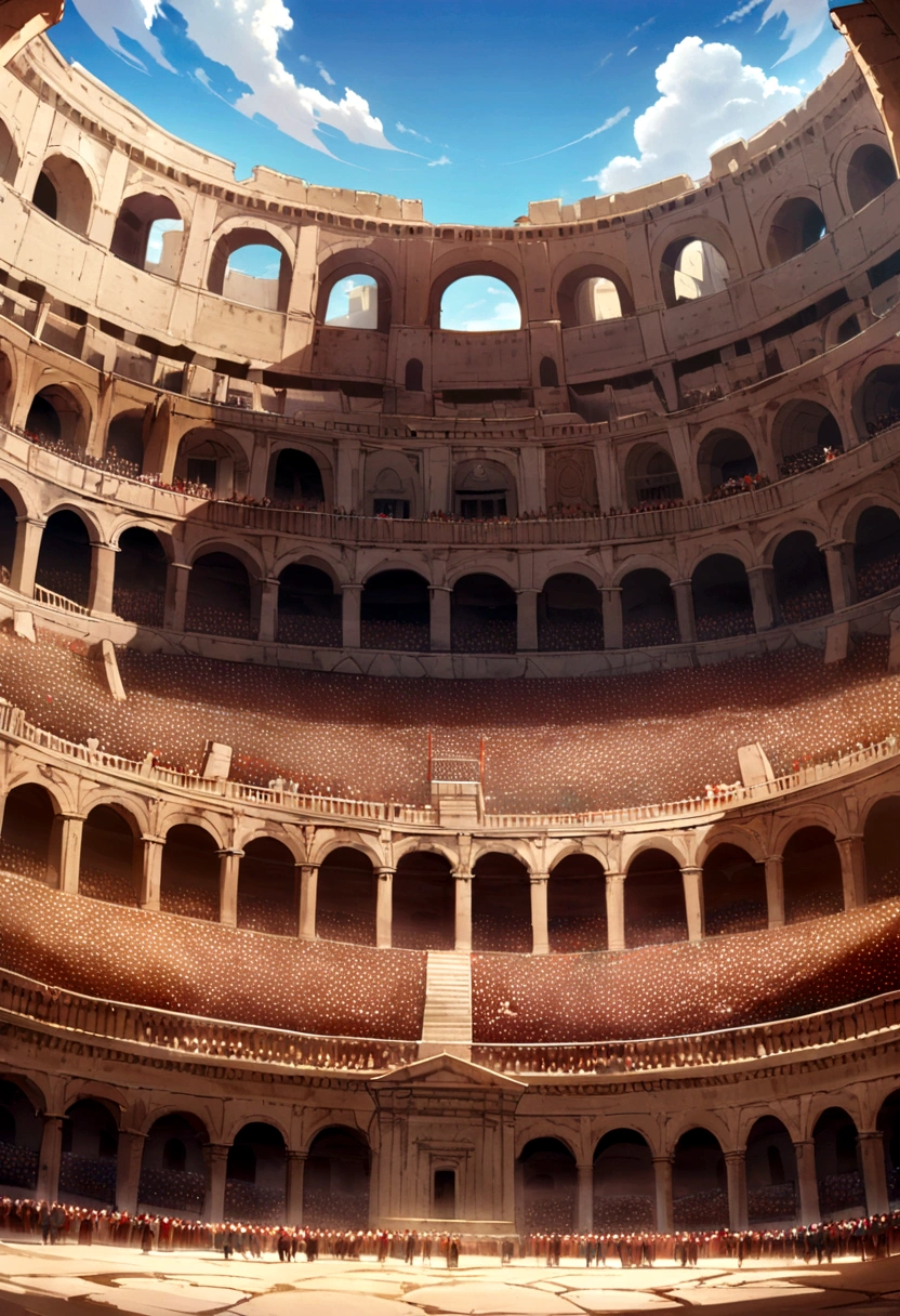 A panoramic view of the Roman Coliseum, with its grand architecture and crowds of spectators eager to watch the games.