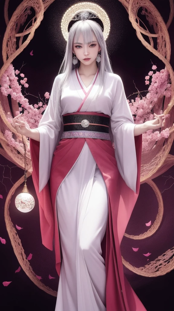 (masterpiece, top quality, 1 female, solo, exquisite details, chromatic aberration), (realistic), (skin), ((breathing)), (silver hair, blunt bangs, short cut straight long hair, short cut bangs, silver hair), beautiful hair, big red headdress, blue highlights, hair on one eye, purple eyes, thick lips, earrings, piercing eyes, friendly eyes, ((pink and white kimono)), ((symmetrical eyes)), ((perfectly symmetrical body)), ((perfectly symmetrical hands)), (purerosface_v1:0.3), night, (((self, natural light))), bright lighting, flowers blooming in the background, facing forward, ((central shot, from the front, (face and waist))), mysterious atmosphere, flowers blooming around, light colored background, fortune teller in kimono, beautiful fortune teller, fortune teller, dark fantasy female fortune teller, female fortune teller, fantasy photography, magician, witch fairy tale, japanese style, elegant cinematic fantasy art, fantasy woman, magician portrait, casting a spell, fortune teller, unsexy kimono, a powerful wizard stands in a mysterious forest, fluttering robes adorned with symbols, holding a glowing heart crystal ball, eyes glowing with mystical energy, spells leaking from his mouth, vivid swirling patterns of black magic pulsating in hues of red and blue appear in the air, magic permeates, flowers bloom and sacred creatures gaze in awe, threads of magical energy dance, revealing hidden realms and unravelling secrets, capturing the essence of this enchanting moment and bringing to life the mysterious power of black magic on a canvas of the highest quality and finest detail. Top Quality, Masterpiece, Ultra High Resolution, (Photorealistic: 1.4), RAW Photo, Sharp Focus, High Resolution, Detailed Skin, .