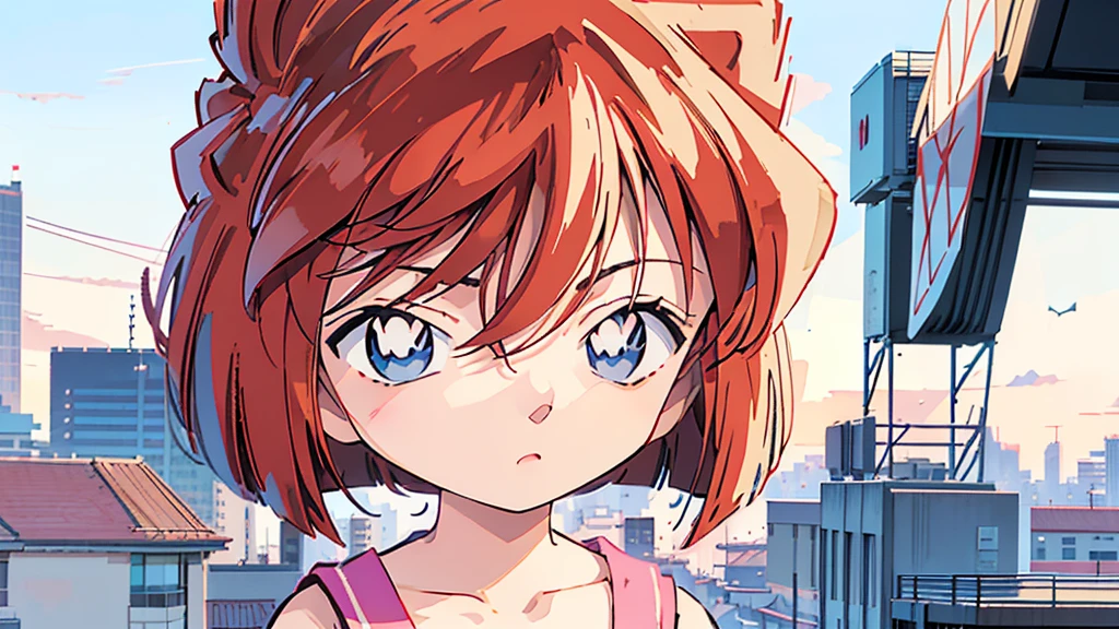 anime style, (1girl in, Solo:1.0), (Haibara Ai), ((Short pants)), (((Big eyes))), (Cute anime girl head), (flat chest),looking at viewer,With a height of 100cm, shoot from front, (head shot), Simple line minimalism, Abstract Art, City background, anime opening movie